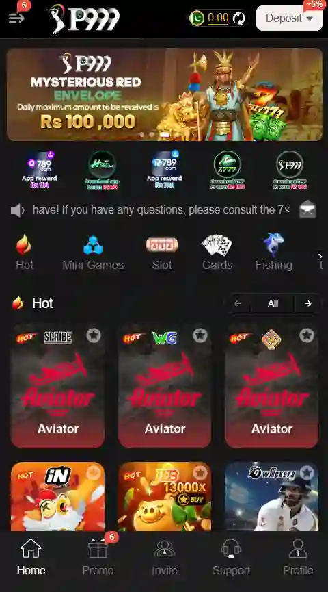 P999 app home lobby showing the Mysterious Red Envelope banner, category row and Hot games grid