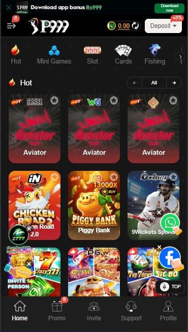 P999 Hot games grid featuring three Aviator variants, Chicken Road 2, Piggy Bank and 9Wickets cricket
