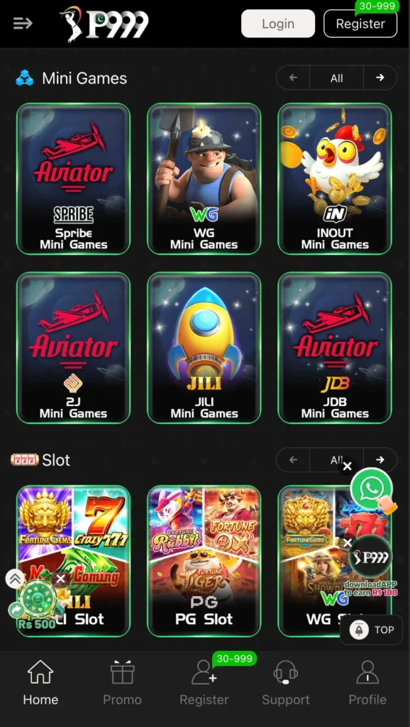 P999 Mini Games and Slot sections showing Aviator from Spribe, WG, INOUT, JILI and JDB providers