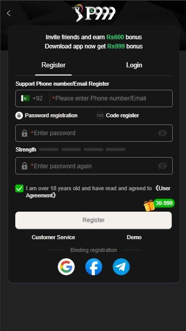 P999 register form showing password strength meter, code register option and Google, Facebook and Telegram binding