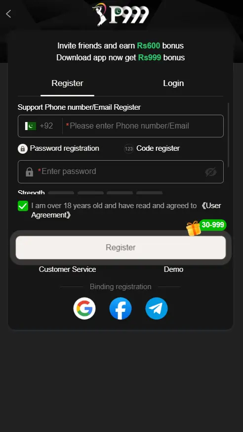 P999 registration screen with phone number field, password fields, 18+ agreement checkbox and Register button